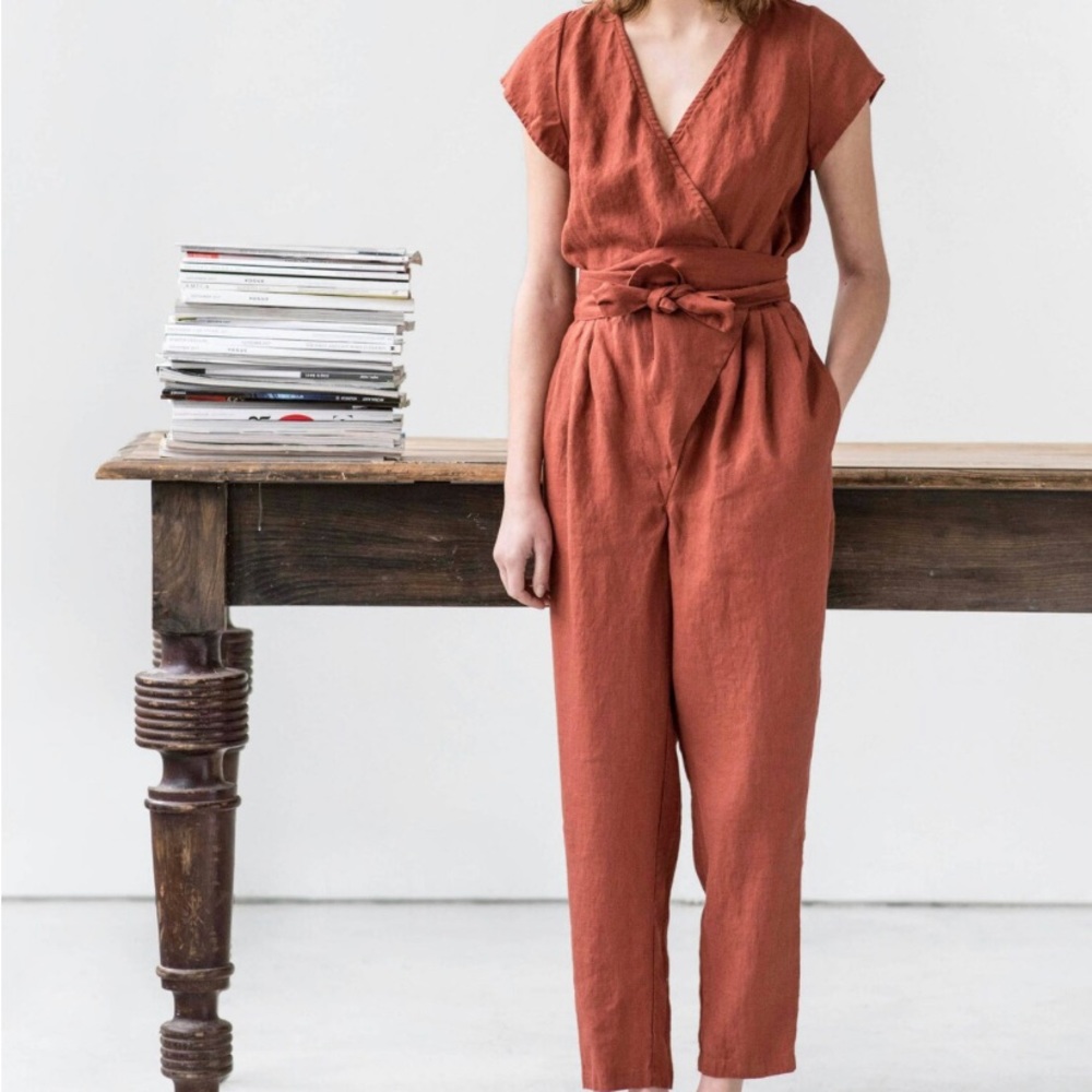 notPERFECTLINEN Black Wrap Linen Jumpsuit Size M